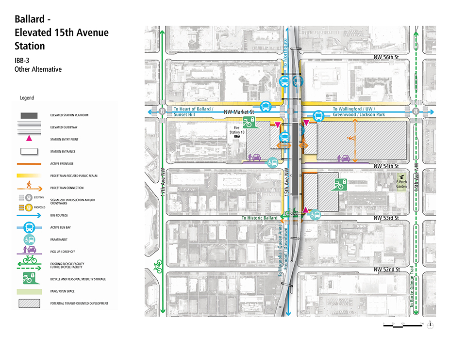 A map describes how pedestrians, bus riders, streetcar riders, bicyclists, and drivers could access the Ballard – Elevated Fifteenth Avenue Station.